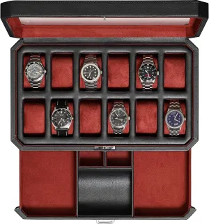 12 Slot Leather Watch Box with Valet Drawer - 12 Slot Luxury Watch Case Display Organizer