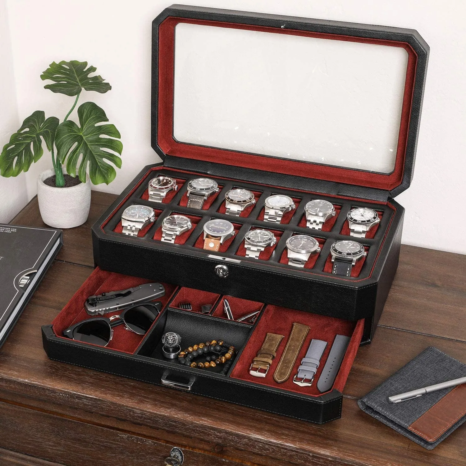 12 Slot Leather Watch Box with Valet Drawer - 12 Slot Luxury Watch Case Display Organizer