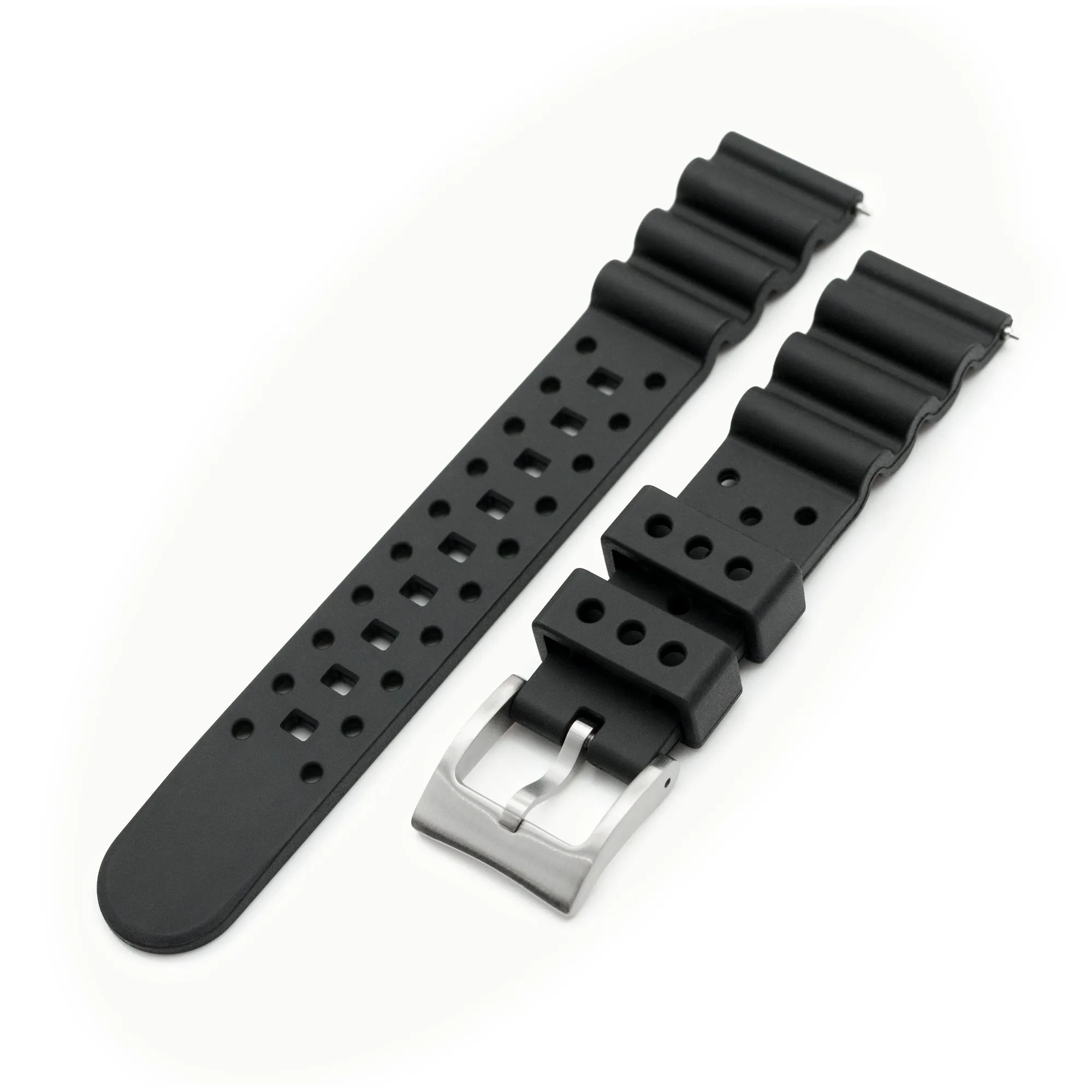 18mm, 20mm or 22mm Quick Release Black Diver FKM Rubber Strap, Brushed