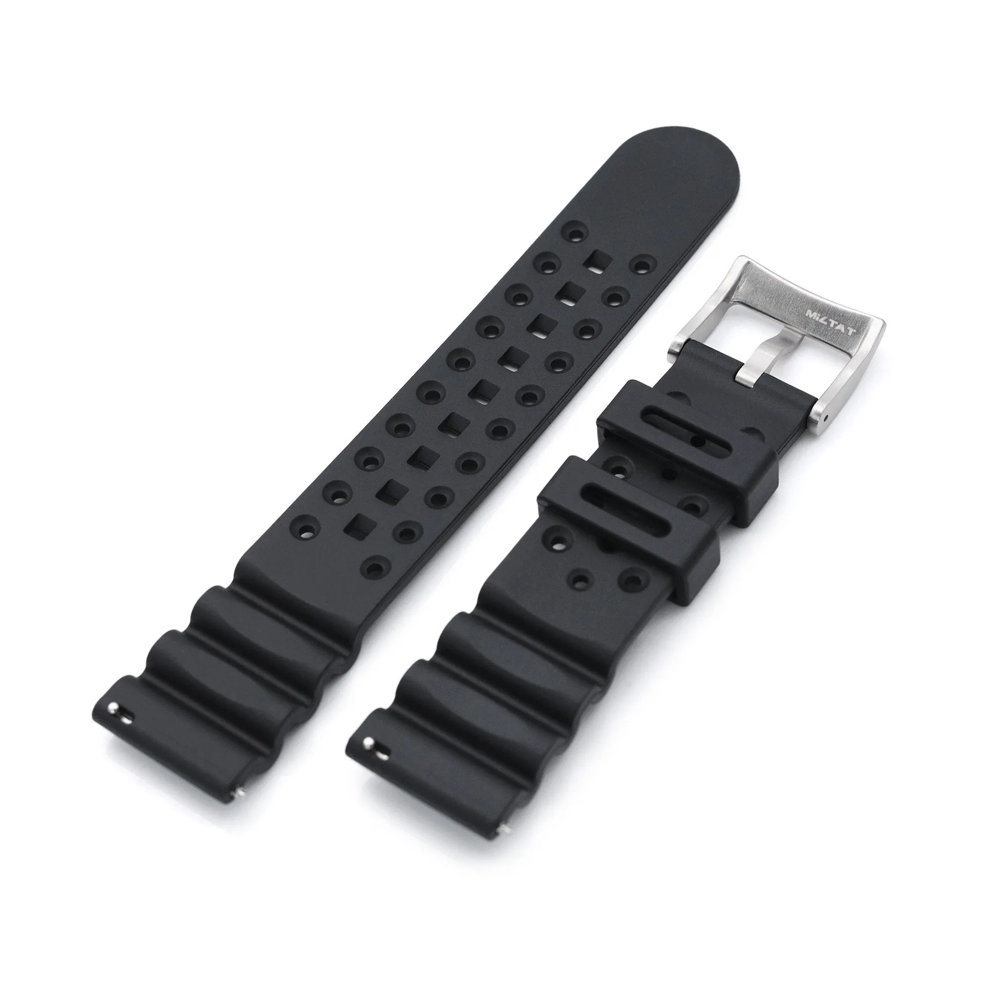 18mm, 20mm or 22mm Quick Release Black Diver FKM Rubber Strap, Brushed