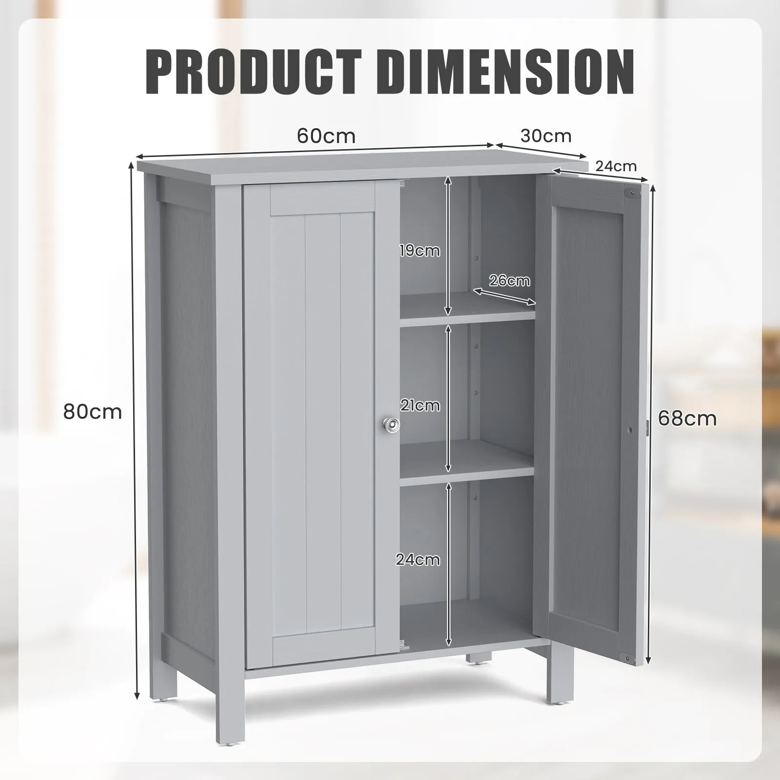 2-Door Freestanding Bathroom Floor Cabinet with Adjustable Shelves-Grey