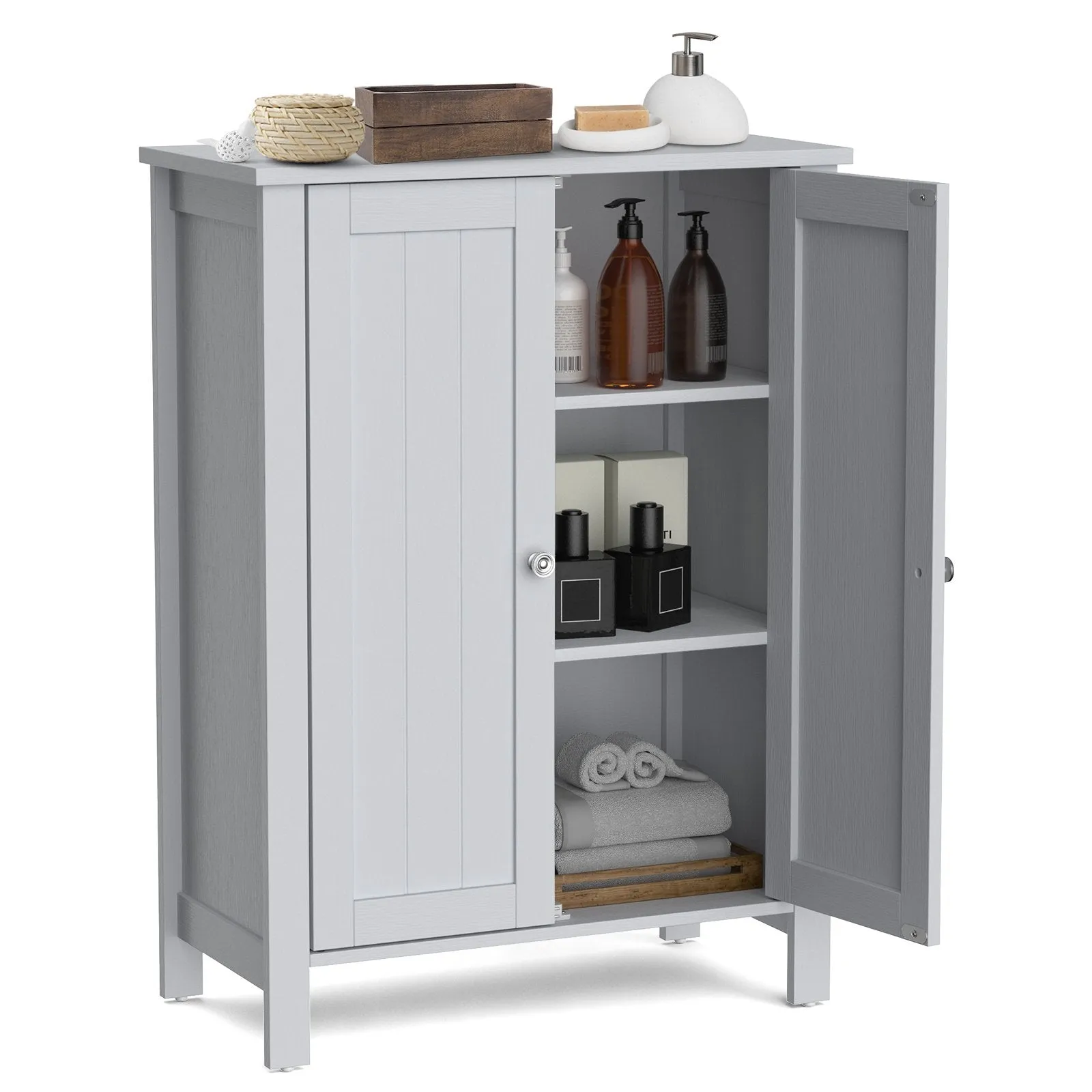 2-Door Freestanding Bathroom Floor Cabinet with Adjustable Shelves-Grey