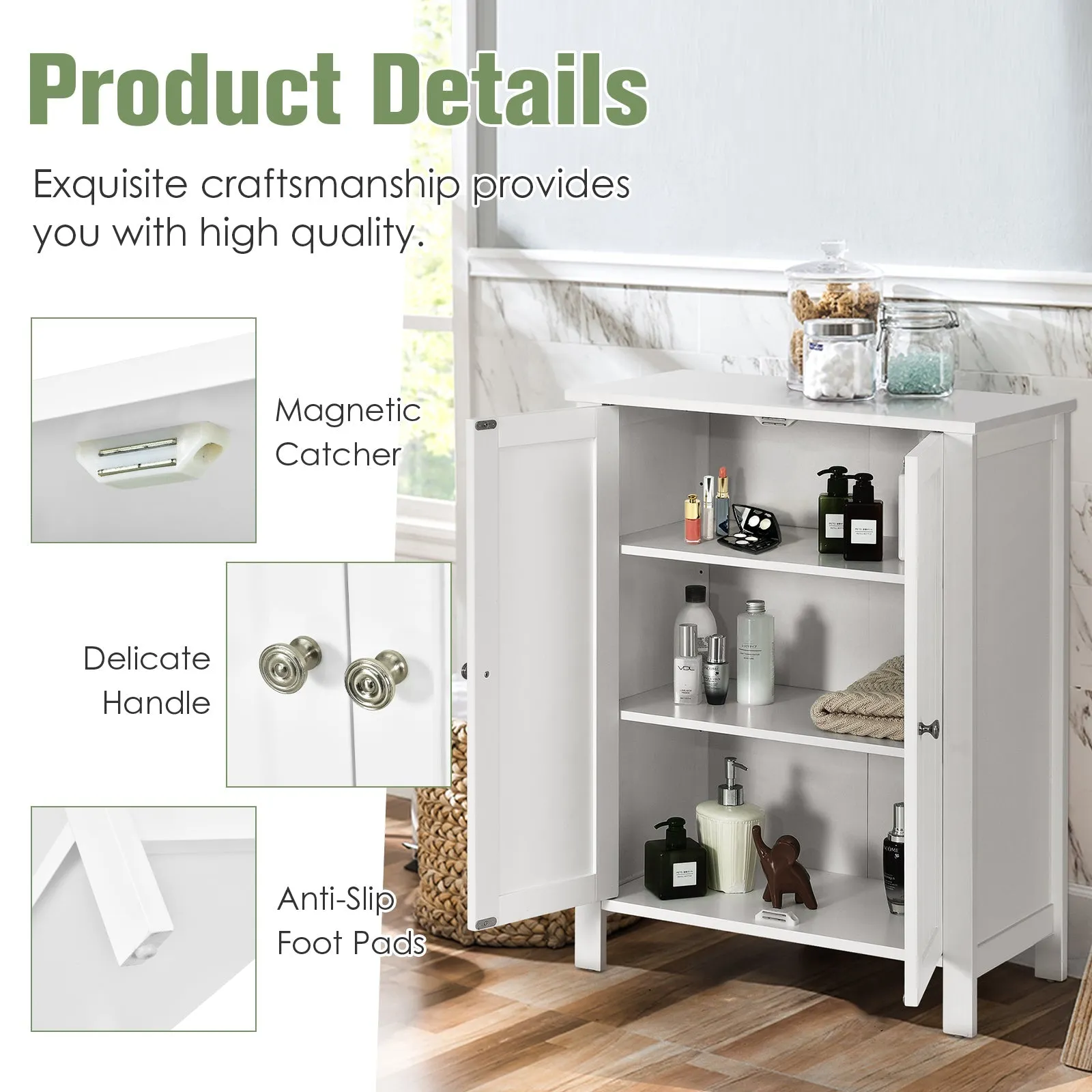 2-Door Freestanding Bathroom Floor Cabinet with Adjustable Shelves-White