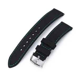 20mm Sailcloth Strap Black Quick Release Nylon Watch Band, Green Stitching