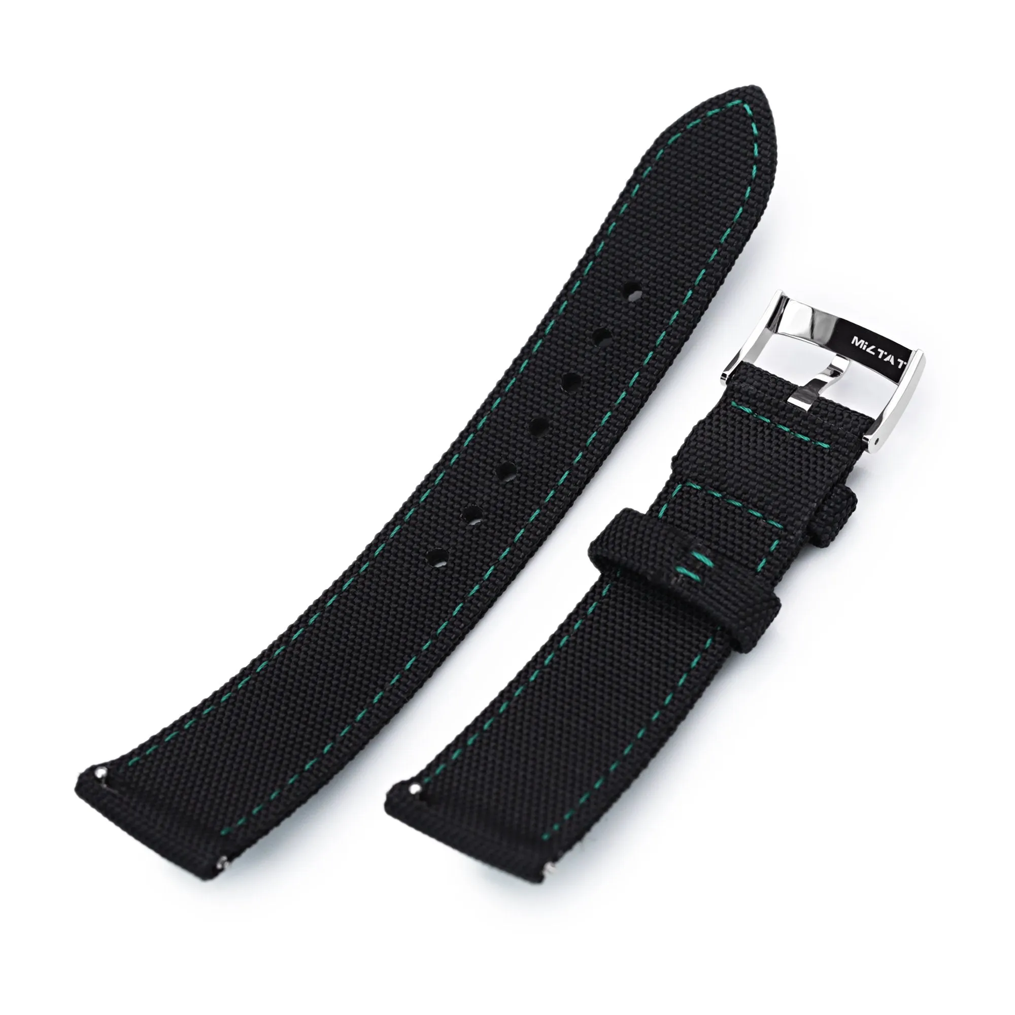 20mm Sailcloth Strap Black Quick Release Nylon Watch Band, Green Stitching