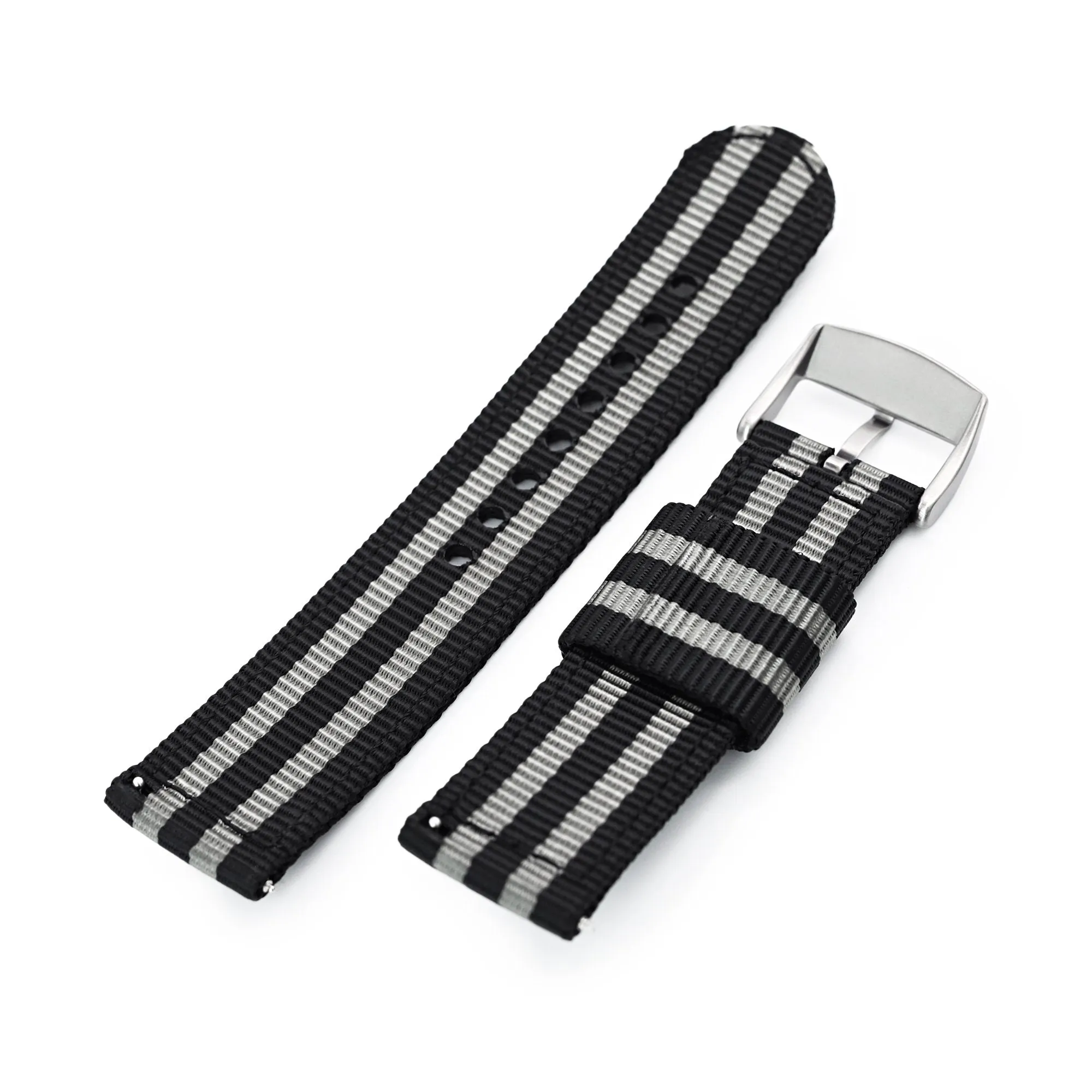 22mm 2-pcs Nylon Watch Band, Quick Release, Black & Grey Stripes, Brushed Buckle