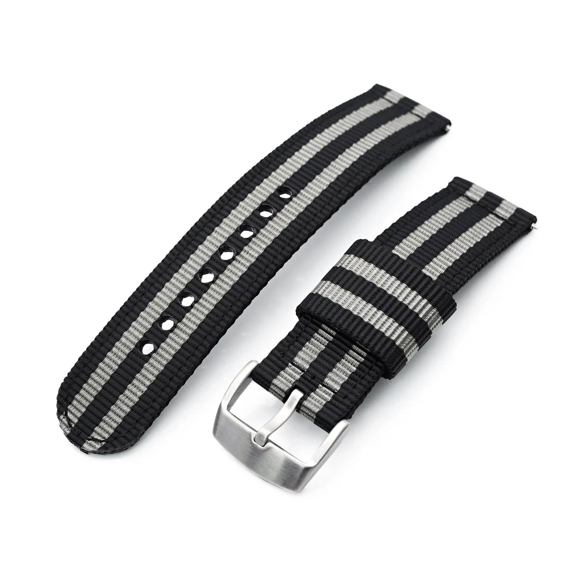 22mm 2-pcs Nylon Watch Band, Quick Release, Black & Grey Stripes, Brushed Buckle