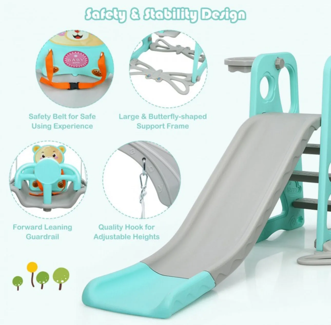 Adorable Cute Toddler Teddy Bear Playground Set With Slide | Swing | Wall Climbing | Ladder | Basketball Net | Indoor | Outdoor