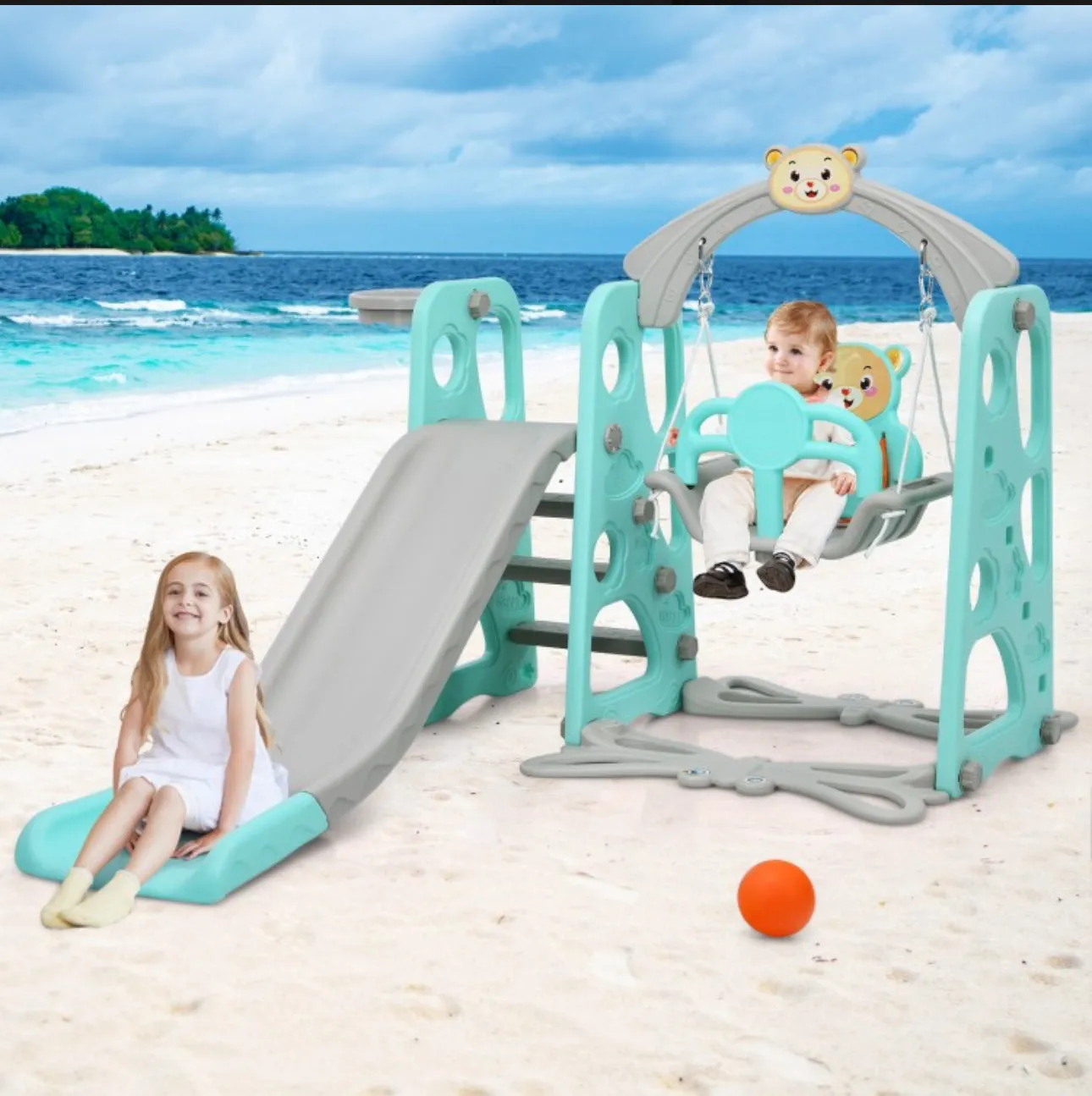 Adorable Cute Toddler Teddy Bear Playground Set With Slide | Swing | Wall Climbing | Ladder | Basketball Net | Indoor | Outdoor