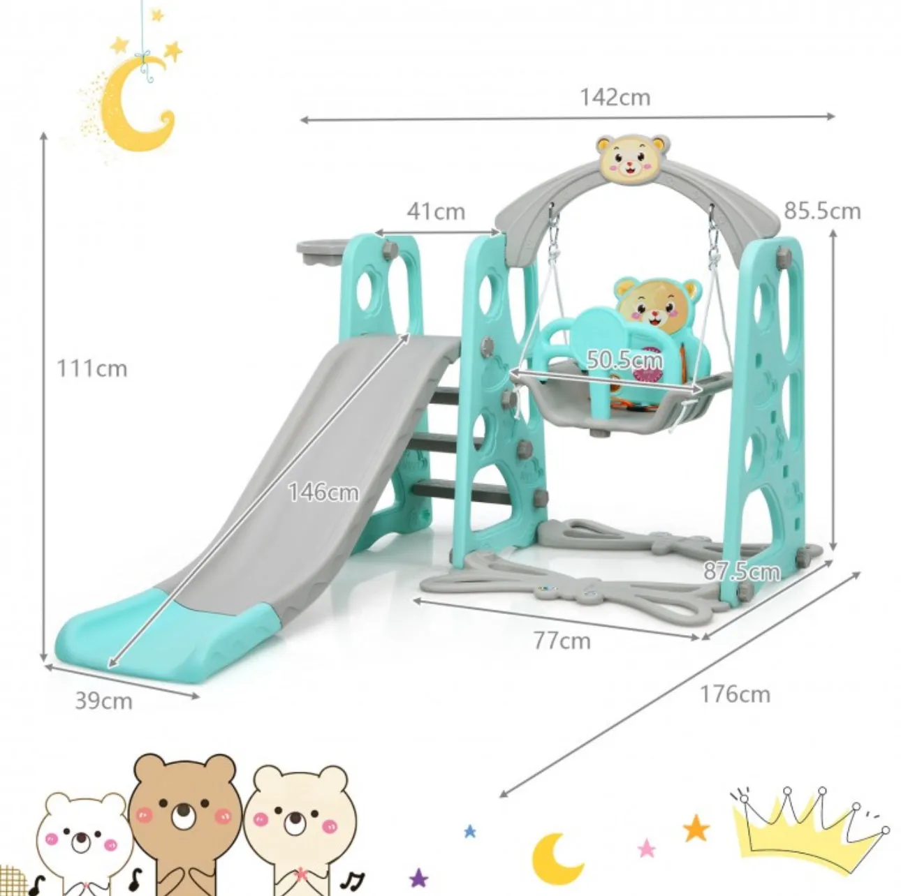 Adorable Cute Toddler Teddy Bear Playground Set With Slide | Swing | Wall Climbing | Ladder | Basketball Net | Indoor | Outdoor