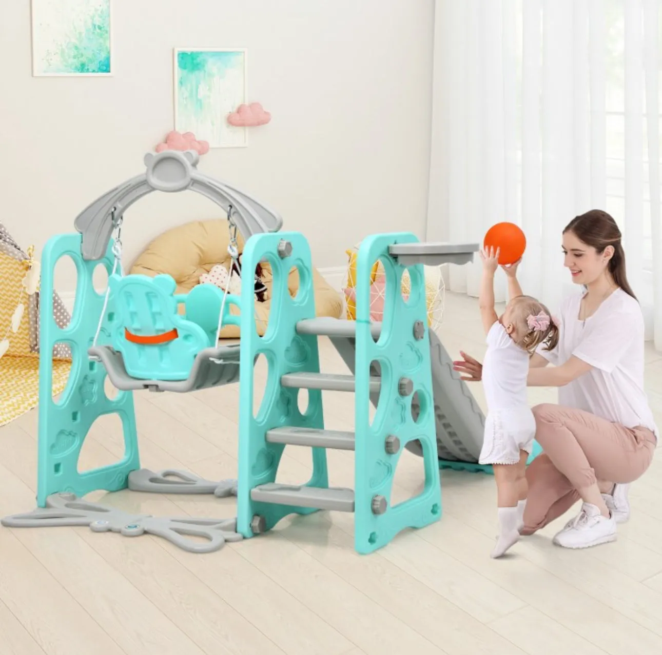 Adorable Cute Toddler Teddy Bear Playground Set With Slide | Swing | Wall Climbing | Ladder | Basketball Net | Indoor | Outdoor