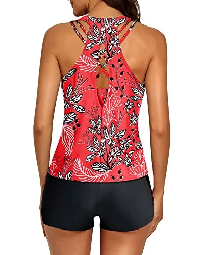 Athletic 3 Piece Tankini Swimwear Keyhole For Women-Red Floral