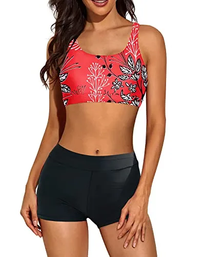 Athletic 3 Piece Tankini Swimwear Keyhole For Women-Red Floral