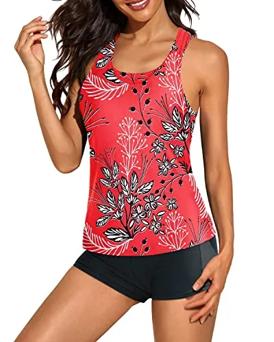 Athletic 3 Piece Tankini Swimwear Keyhole For Women-Red Floral