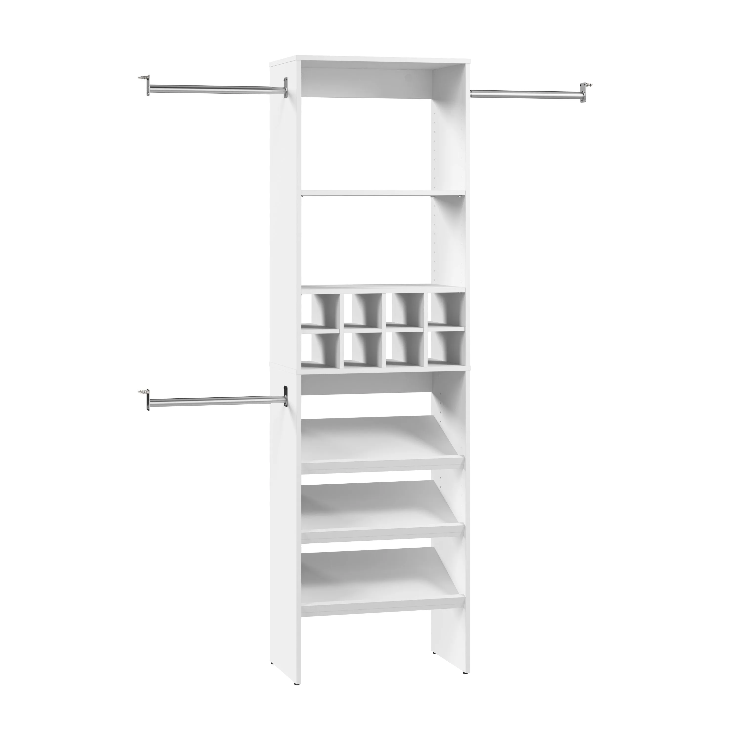 Carina 24W Closet Organizer with Shoe Shelves, Clothing Rods and Cubbies in White