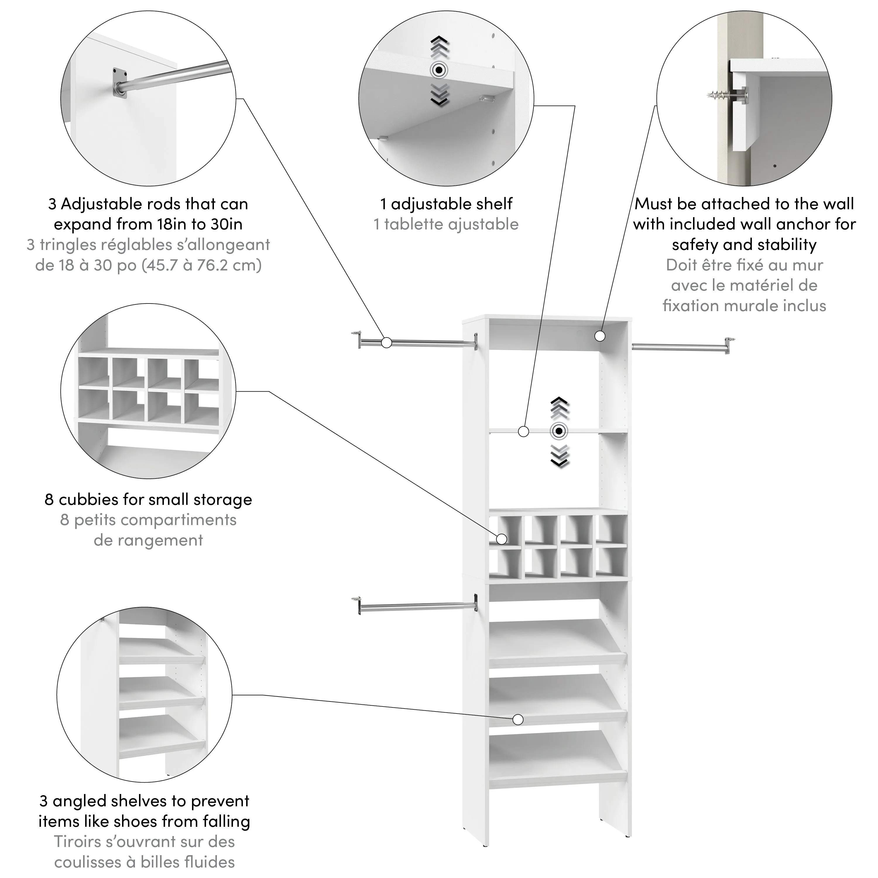 Carina 24W Closet Organizer with Shoe Shelves, Clothing Rods and Cubbies in White