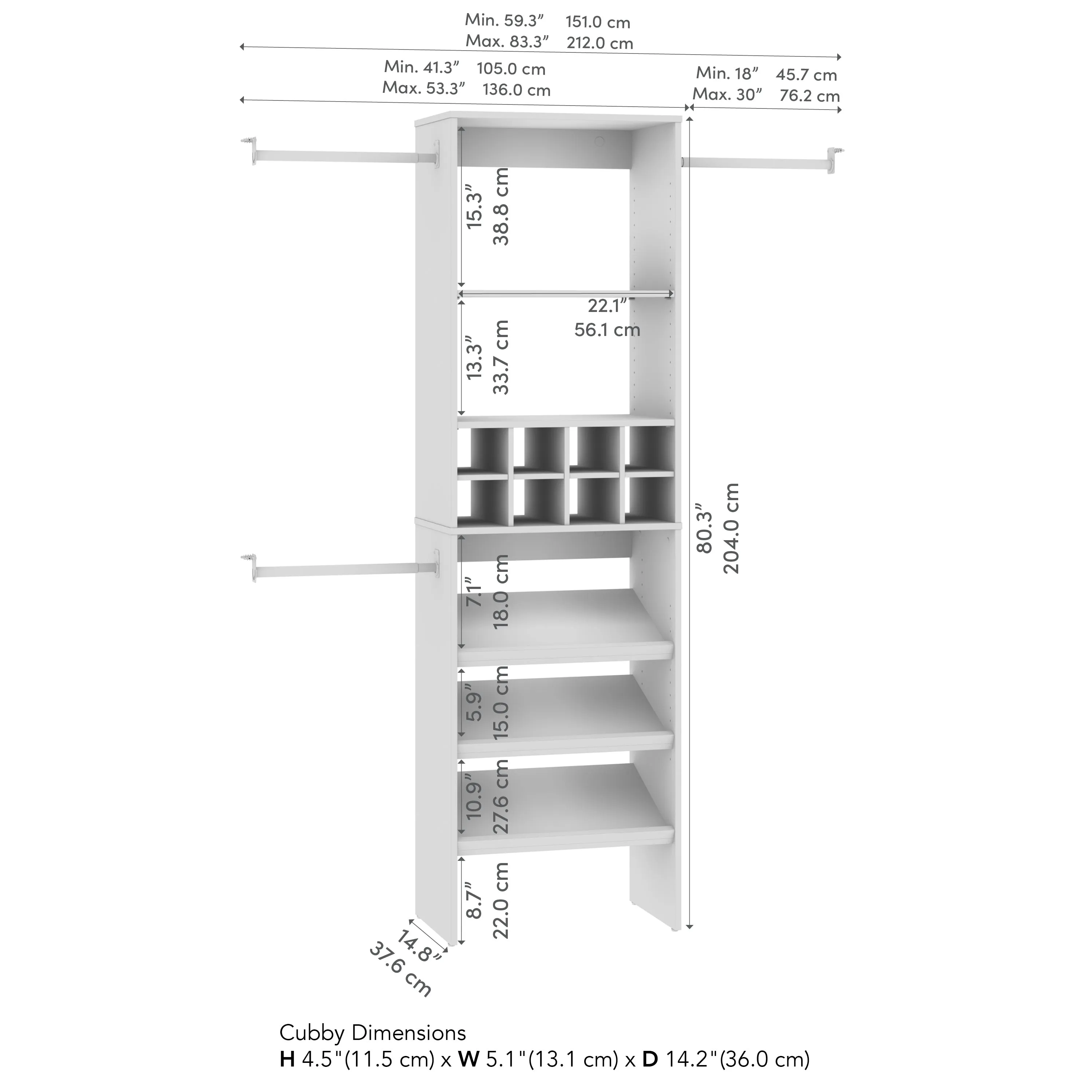 Carina 24W Closet Organizer with Shoe Shelves, Clothing Rods and Cubbies in White