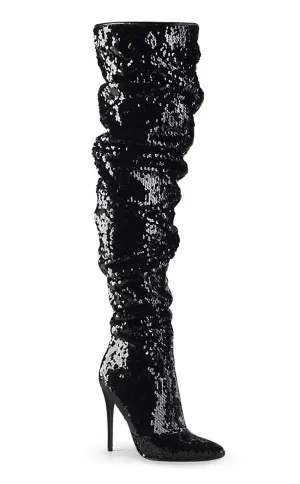 COURTLY-3011 Black Sequin Thigh High Boots