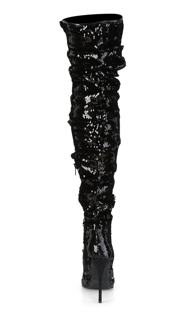 COURTLY-3011 Black Sequin Thigh High Boots