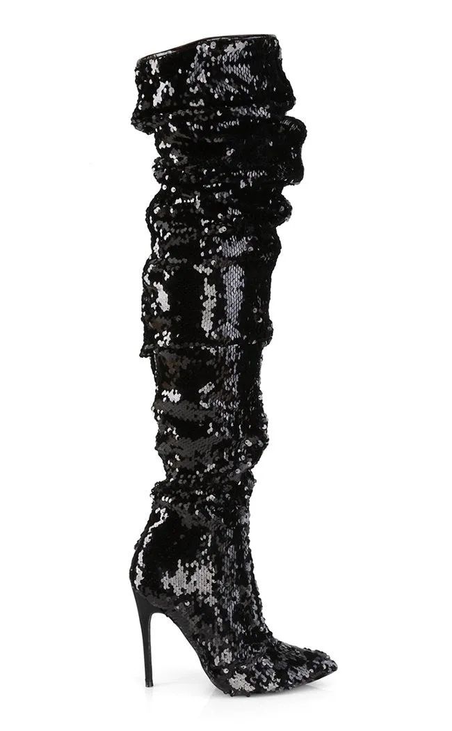 COURTLY-3011 Black Sequin Thigh High Boots