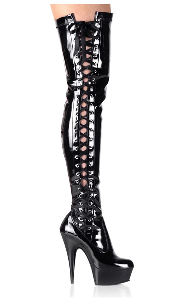 DELIGHT-3050 Black Patent Thigh High Boots