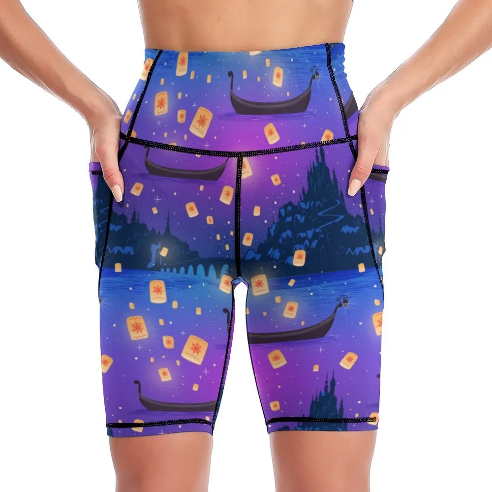 Disney Tangled Rapunzel Floating Lanterns Women's Knee Length Athletic Yoga Shorts With Pockets