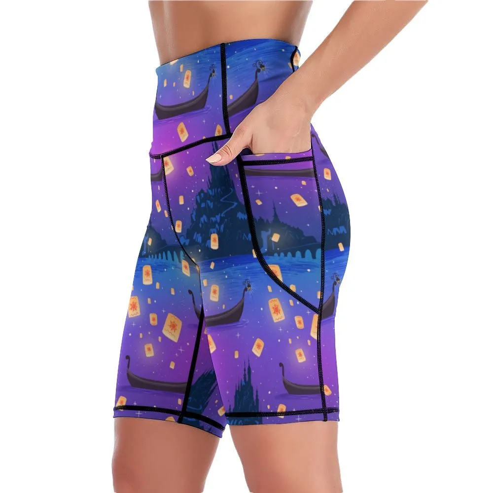 Disney Tangled Rapunzel Floating Lanterns Women's Knee Length Athletic Yoga Shorts With Pockets