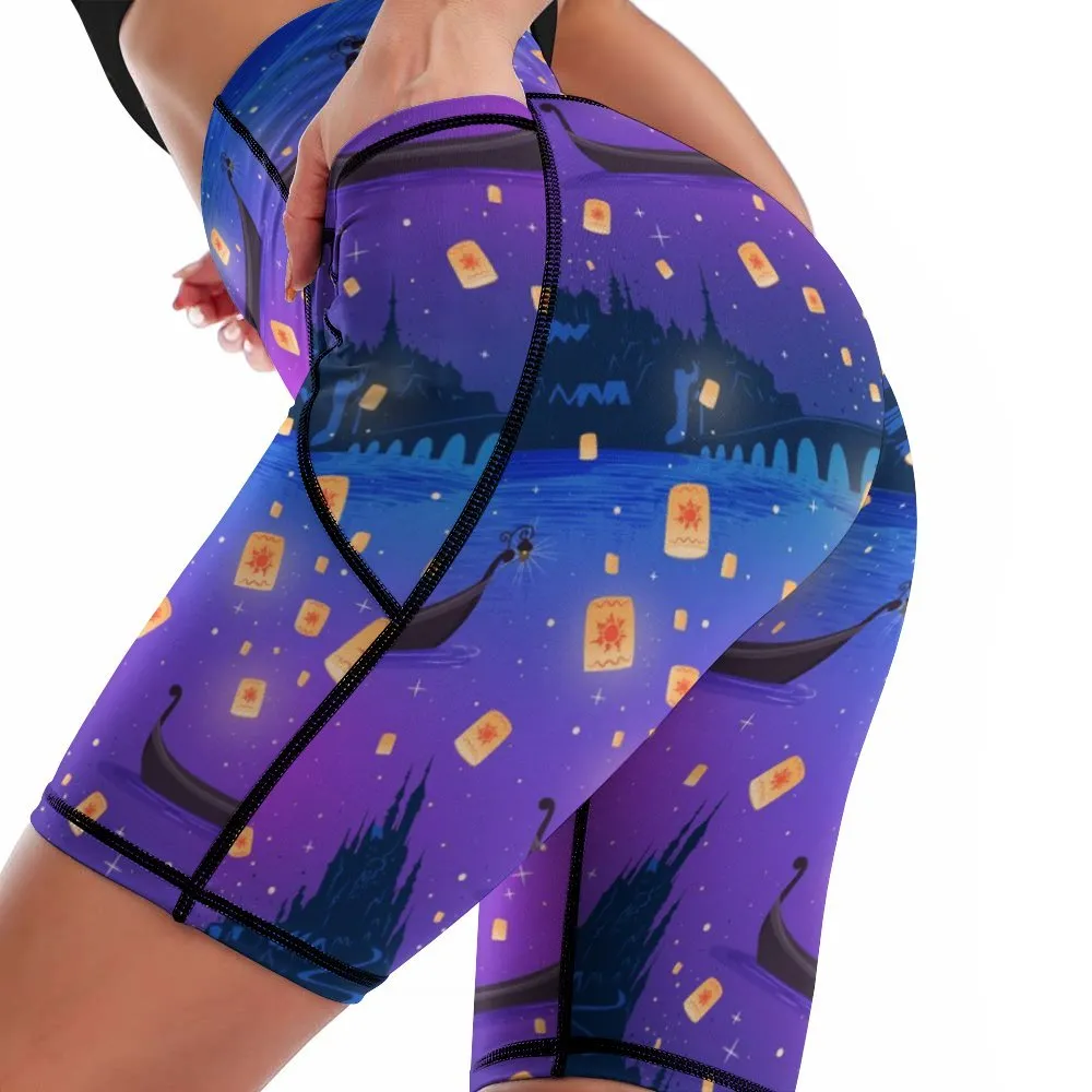 Disney Tangled Rapunzel Floating Lanterns Women's Knee Length Athletic Yoga Shorts With Pockets