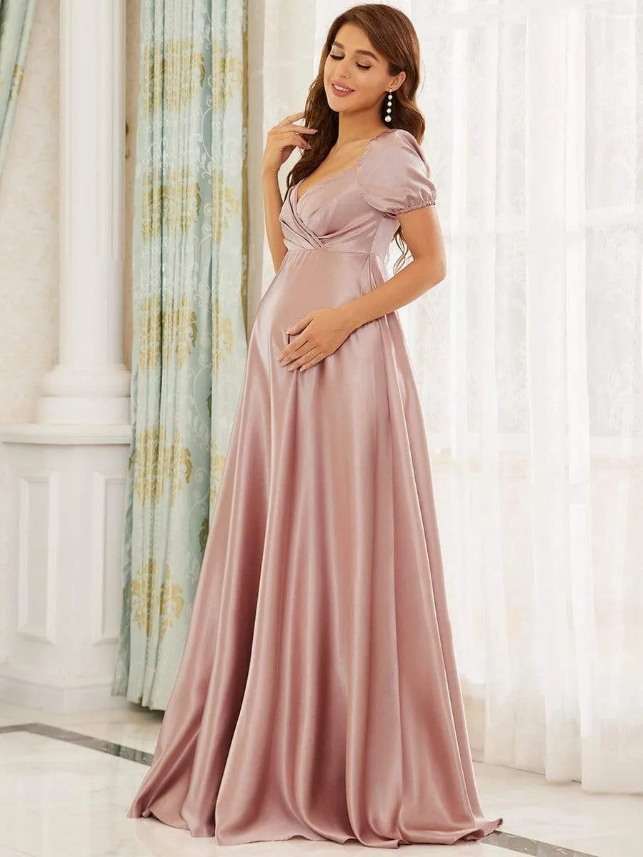 Elegant V-Neck Floor-Length Short Sleeve Bump Friendly Dresses