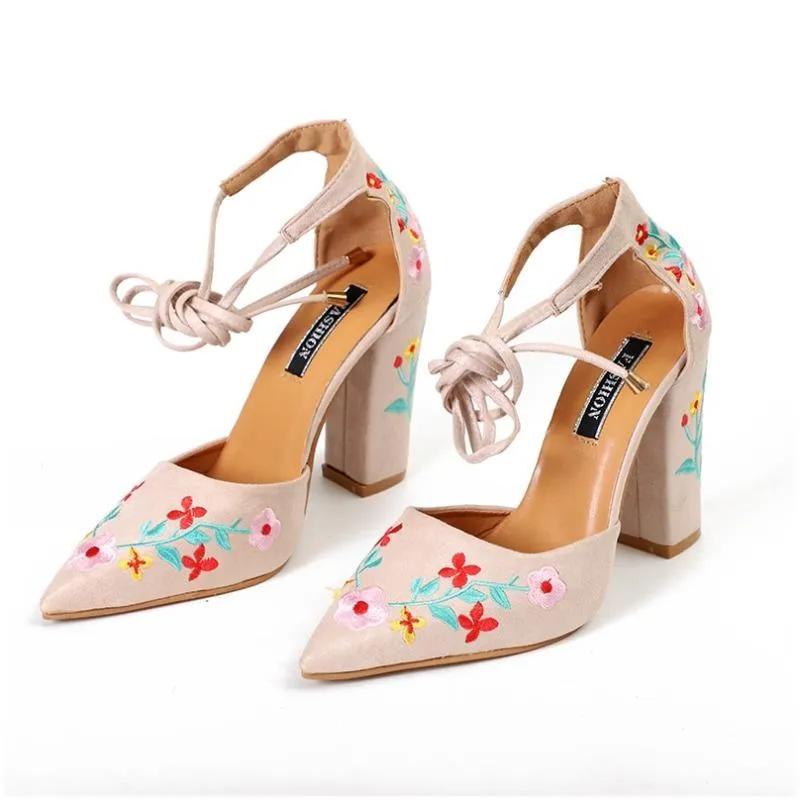 Floral Embroidery Pattern High Heels