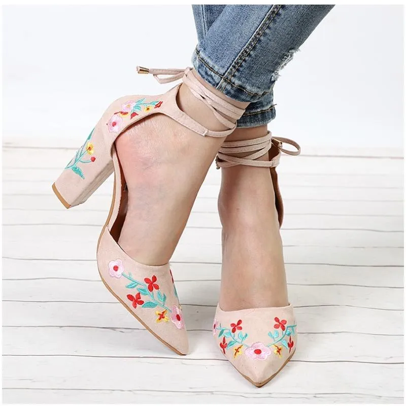 Floral Embroidery Pattern High Heels