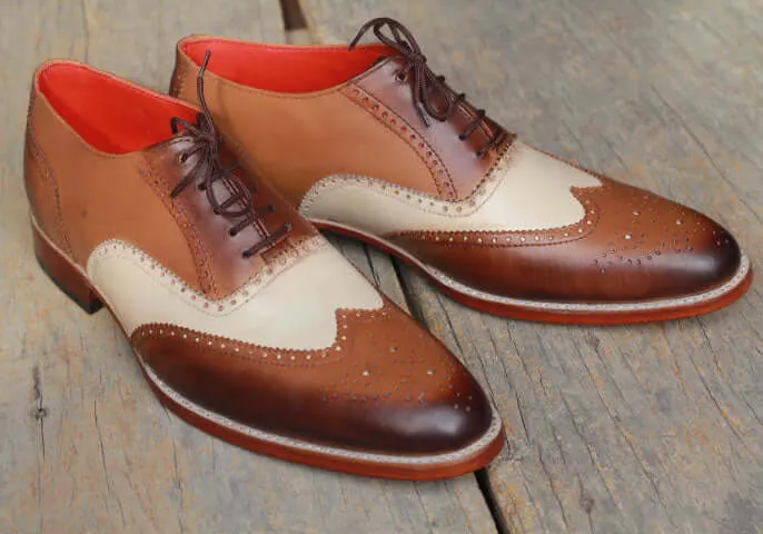 Handmade Brown & White Wing Tip Brogue Leather Lace Up Shoes For Men's