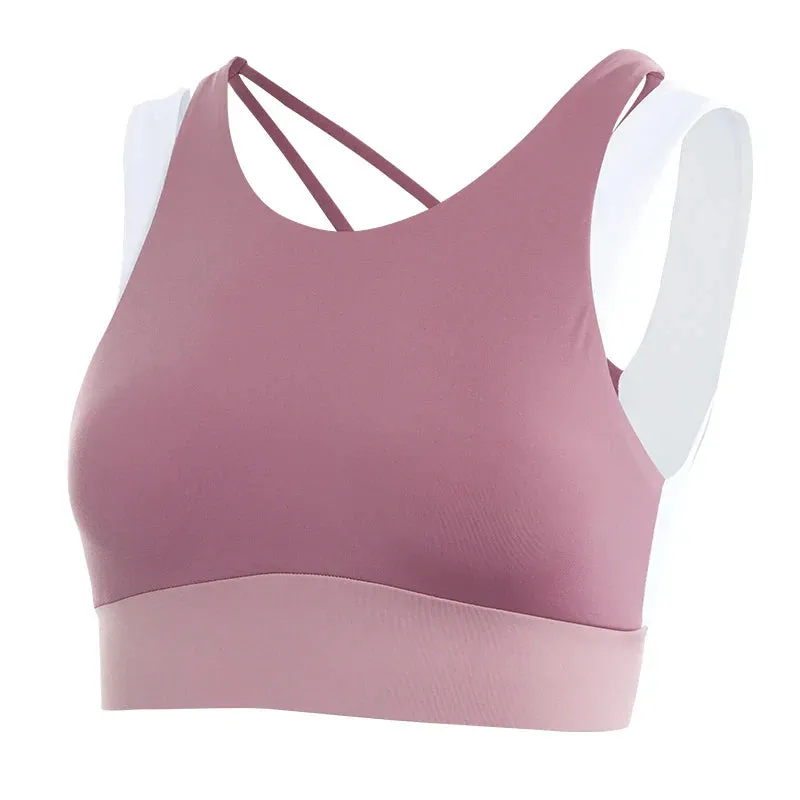 Hollow Back Crop Top with Double Straps - Gym Nylon Spandex Active Sports Bra