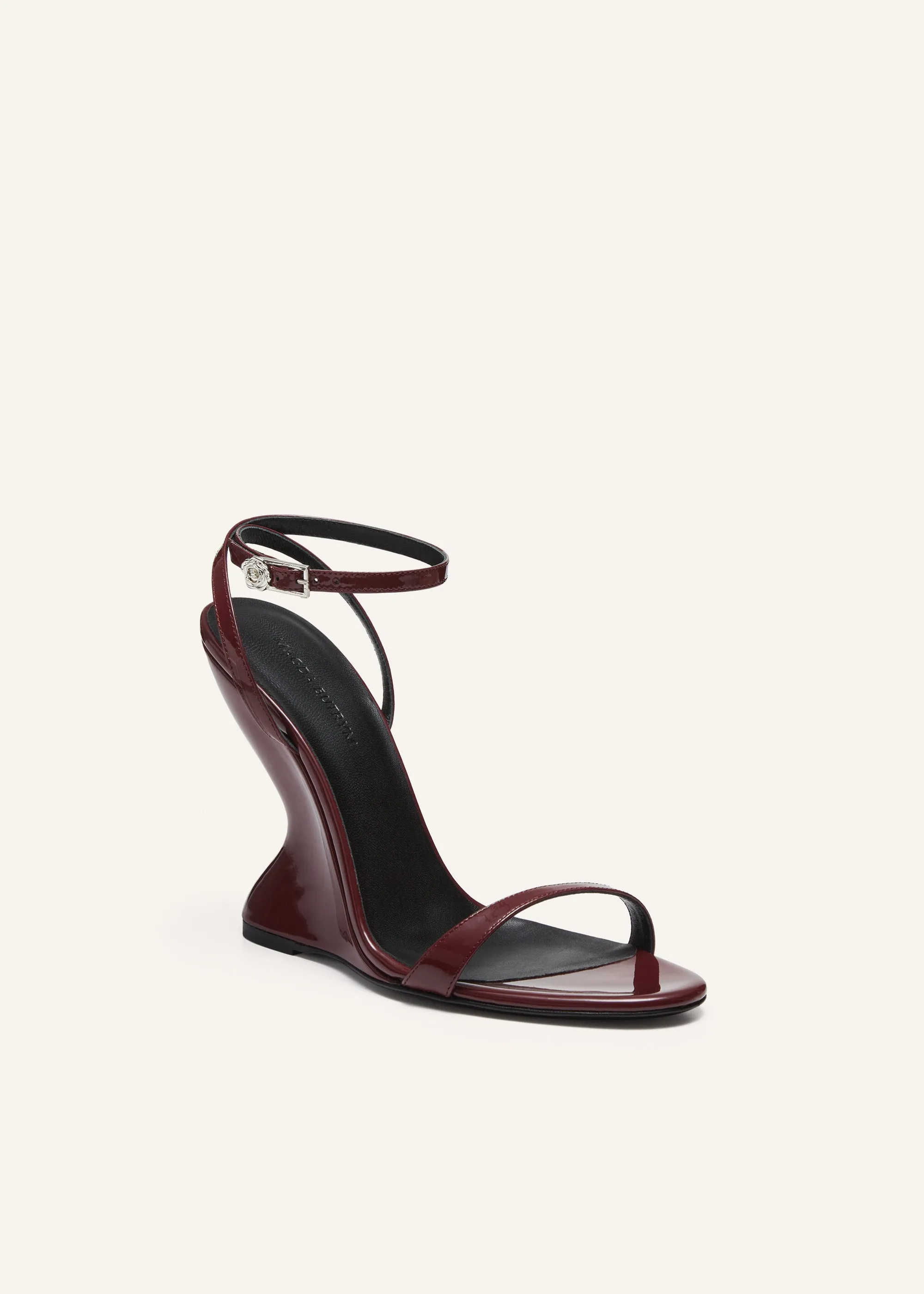 Inverted wedge strappy sandals in burgundy patent leather