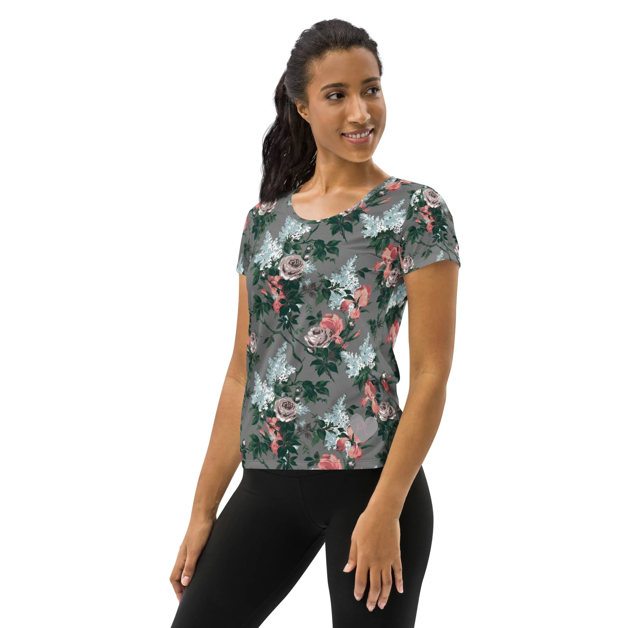 J'Adore Grey Bella Roses Print Women's Athletic T-shirt | Pinup Couture Relaxed