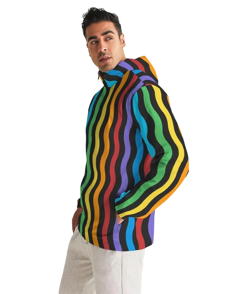 Mens Hooded Windbreaker - Rainbow Striped Casual/Sports Water Resistant Jacket - J7MU0X