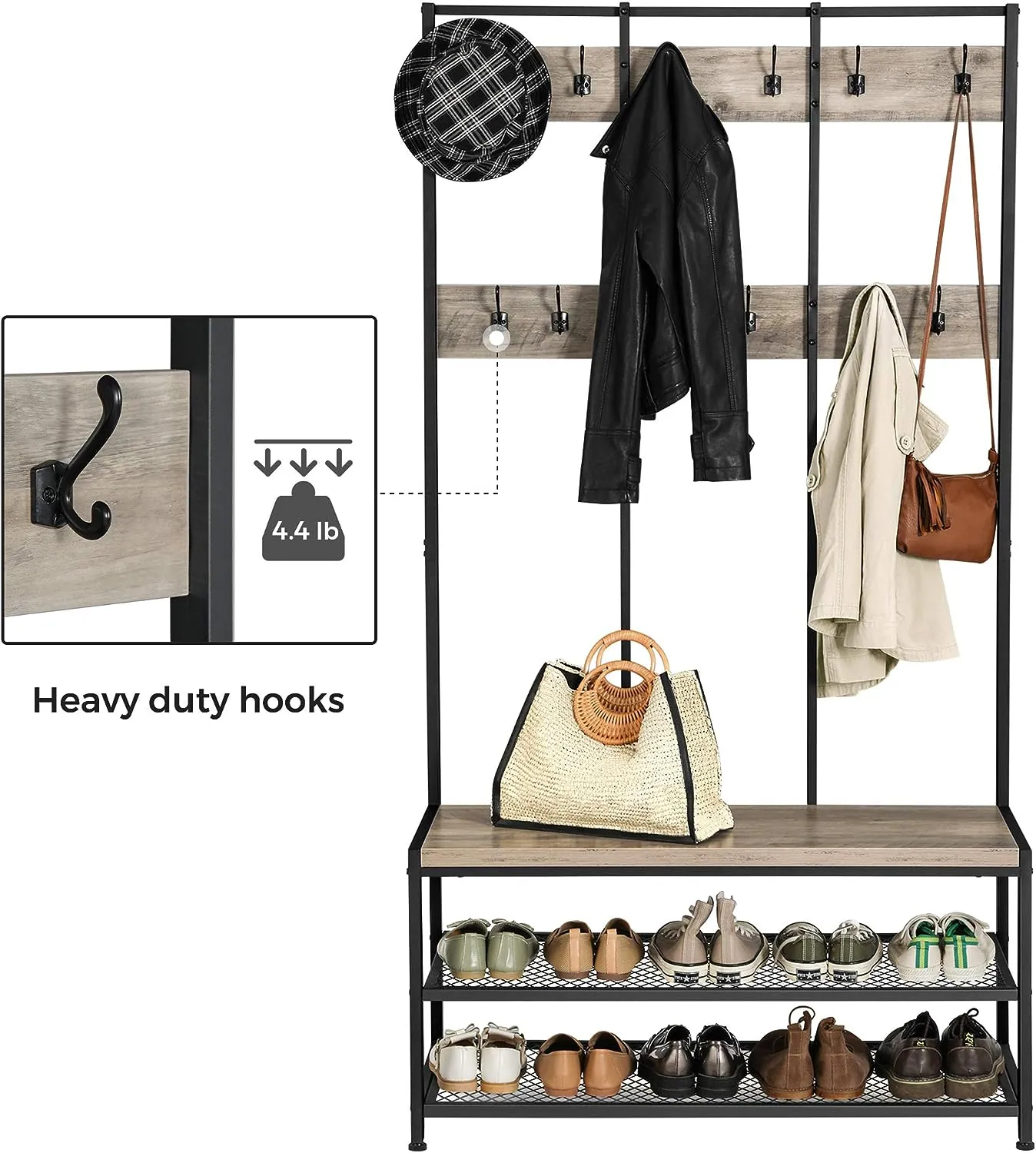 Multiple Hooks Coat Rack Stand with Bench, Greige & Black