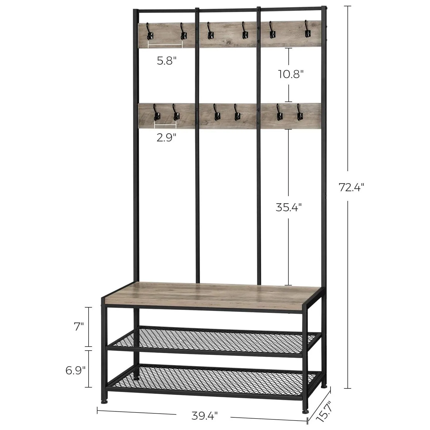 Multiple Hooks Coat Rack Stand with Bench, Greige & Black