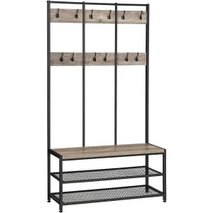 Multiple Hooks Coat Rack Stand with Bench, Greige & Black