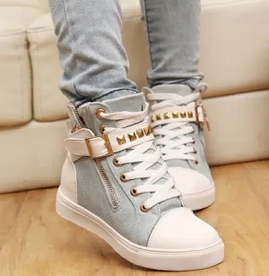 New spring shoes women rivets canvas shoes  PU surface fashion belt buckle high running shoes for leisure sneakers