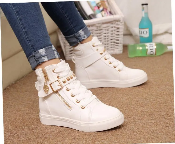 New spring shoes women rivets canvas shoes  PU surface fashion belt buckle high running shoes for leisure sneakers