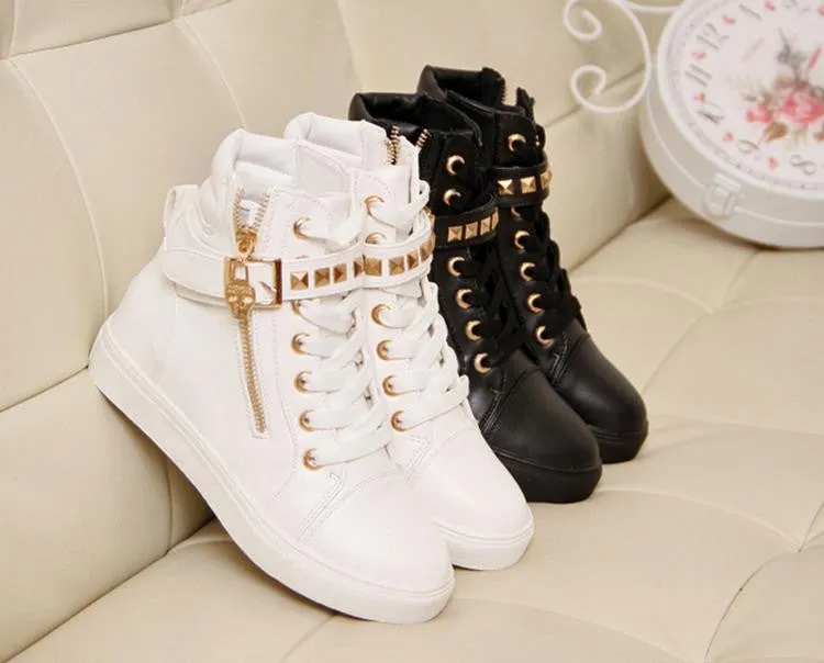 New spring shoes women rivets canvas shoes  PU surface fashion belt buckle high running shoes for leisure sneakers