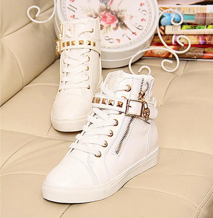 New spring shoes women rivets canvas shoes  PU surface fashion belt buckle high running shoes for leisure sneakers