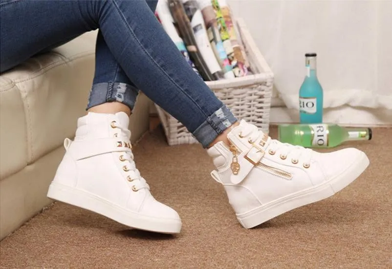 New spring shoes women rivets canvas shoes  PU surface fashion belt buckle high running shoes for leisure sneakers