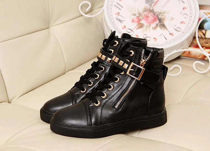 New spring shoes women rivets canvas shoes  PU surface fashion belt buckle high running shoes for leisure sneakers