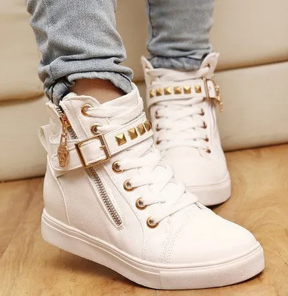 New spring shoes women rivets canvas shoes  PU surface fashion belt buckle high running shoes for leisure sneakers