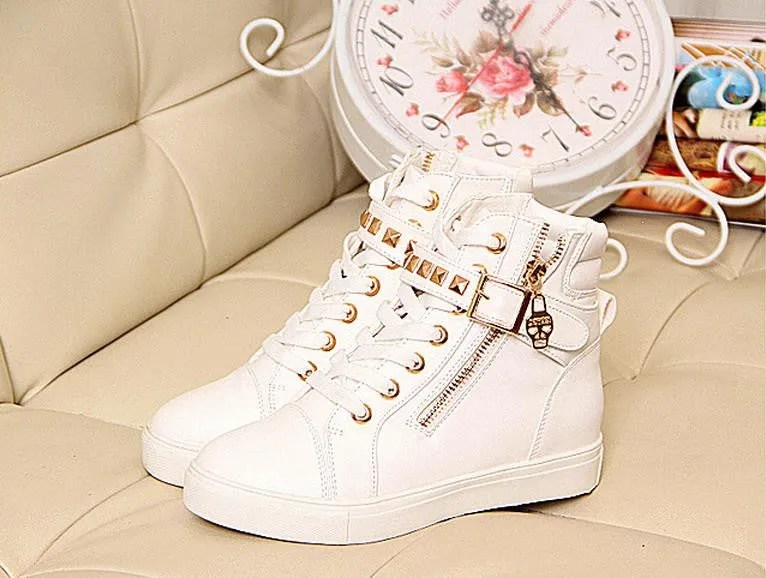 New spring shoes women rivets canvas shoes  PU surface fashion belt buckle high running shoes for leisure sneakers