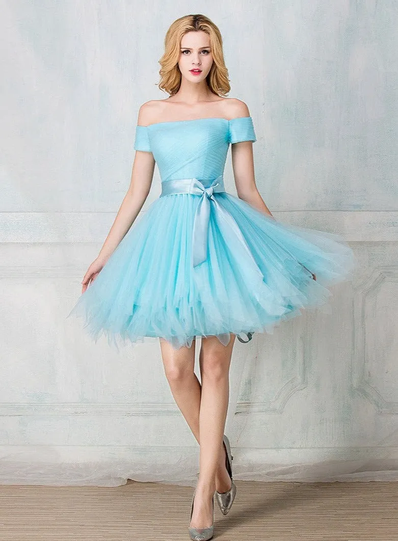 Off-shoulder knee-length tulle short prom dress