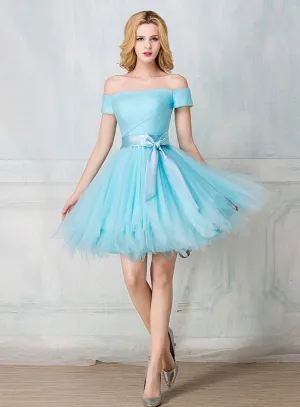 Off-shoulder knee-length tulle short prom dress