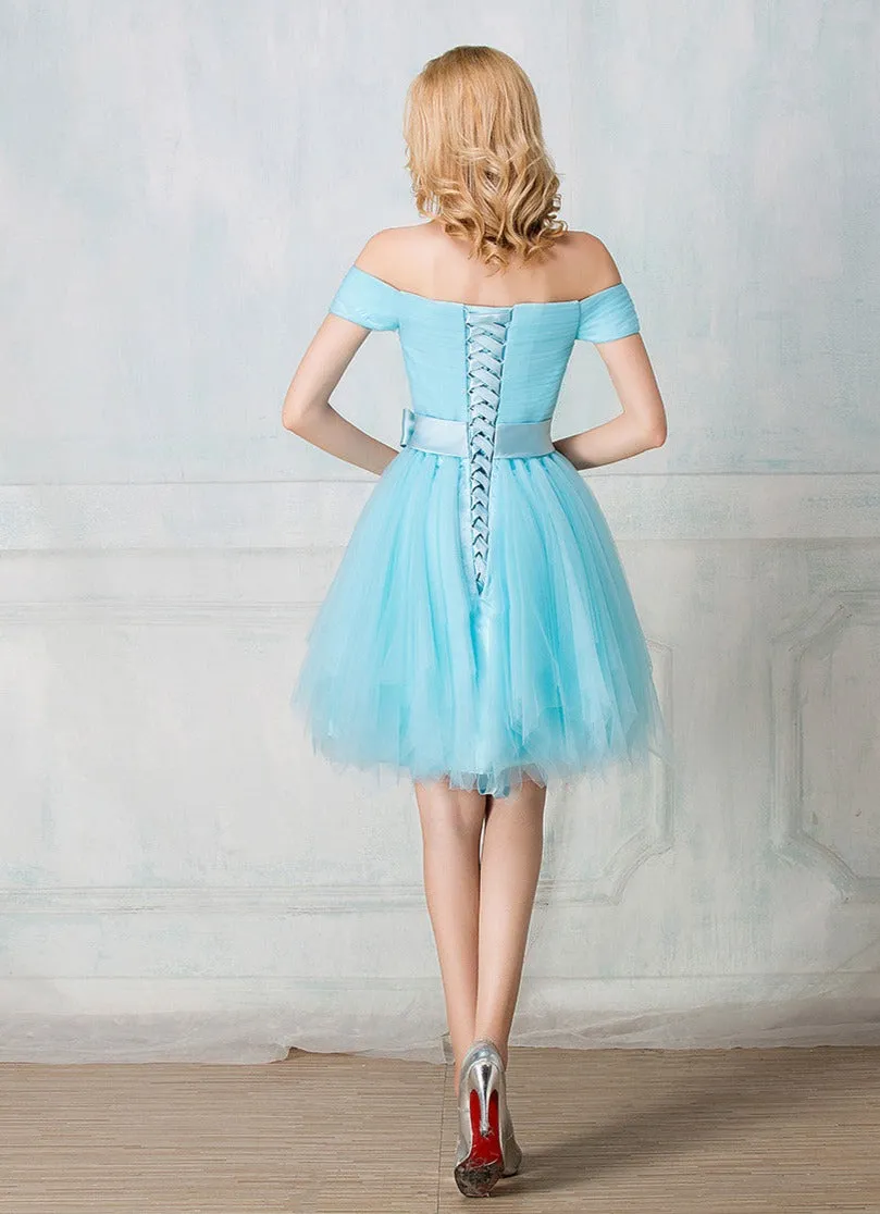 Off-shoulder knee-length tulle short prom dress